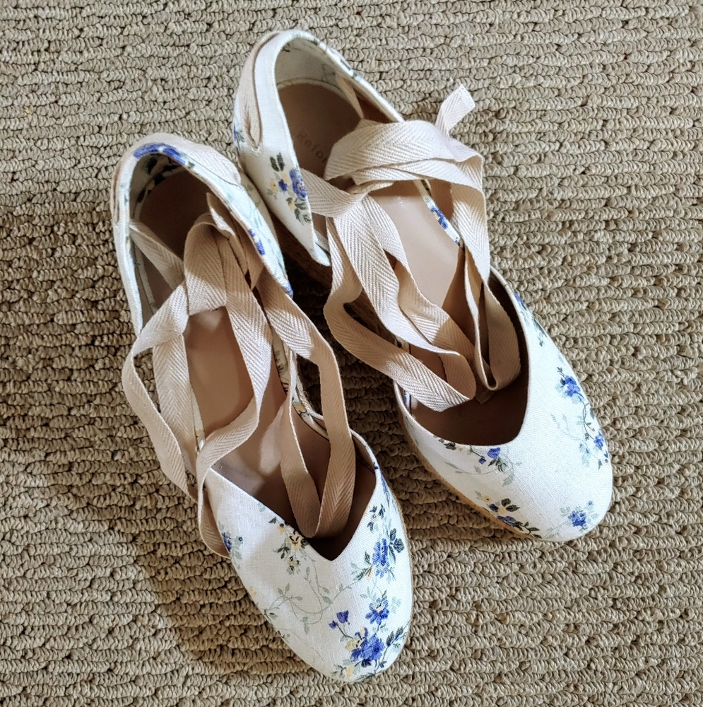 Reformation Cream and Blue Floral Espadrilles